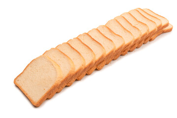 Delicious bread slices isolated on a white background, top view.
