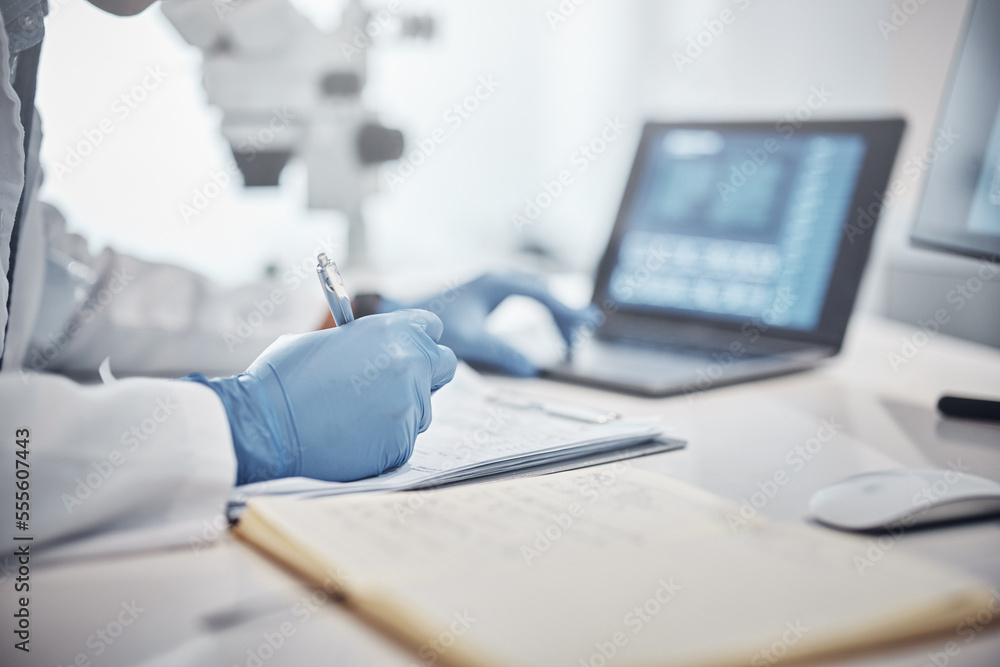Aufkleber Science, research and hands in lab with notebook and computer on scientific analysis. Experiment, internet and analytics, scientist in laboratory with data, vision and future in medical innovation.