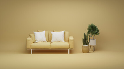 Creative interior design in yellow studio with cactus pot, plant pot and armchair. Pastel color background. 3D rendering for web page, presentation or picture frame
