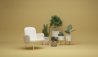 Creative interior design in yellow studio with cactus pot, plant pot and armchair. Pastel color background. 3D rendering for web page, presentation or picture frame
