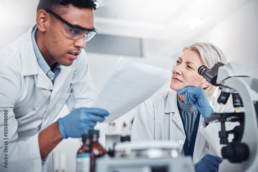 Aufkleber Science, research and team with documents in laboratory for analytics report, review and data analysis in clinic. Healthcare, collaboration and scientists reading medical results from lab test exam