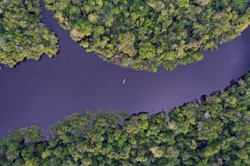 Canoe in the Zacambu river in the Amazon rainforest of Peru