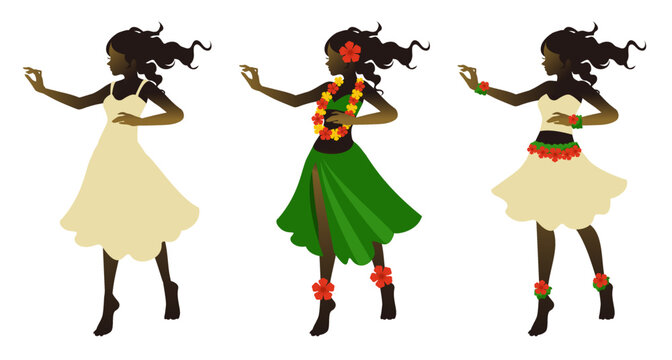 Illustration of hula dancing.Silhouettes of hula girls in Hawaiian cultural costumes of different design variations. Clipart on white background.