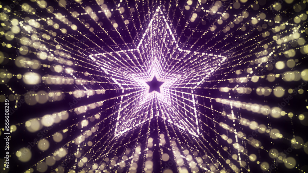 Poster futuristic dynamic wireframe star tunnel on purple background. magic particle flow inside the portal
