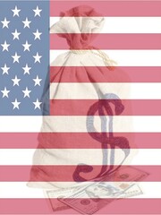 Obraz premium Double exposure of American flag and Money bag with dollar symbol