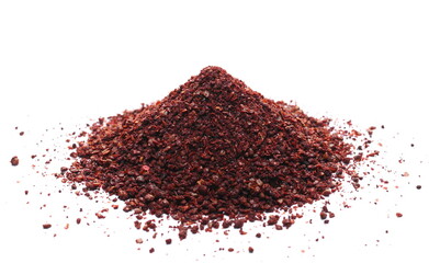 Ground sumac spice, pile isolated on white 
