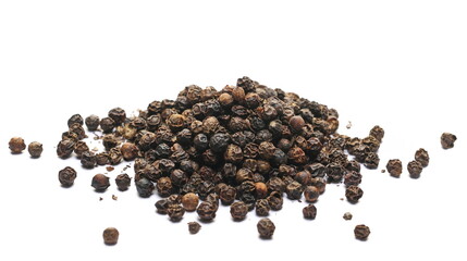 Pile black peppercorns isolated on white