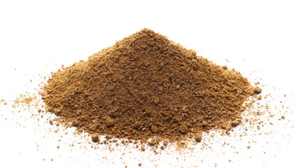 Tikka masala spice powder mix, coriander, cumin, garlic, red pepper chili, mint, black pepper and ginger isolated on white