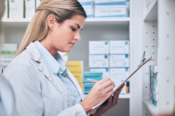 Pharmacist, writing or woman with checklist for medicine stock or medical supplements inventory supply. Pharmacy, clipboard or doctor recording retail drugs data for store shelf products management