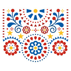 Mexican folk art vector  design with flowers, leaves and geomeric shapes, floral pattern perfect for greeting card or wedding invitation design
- 555609846