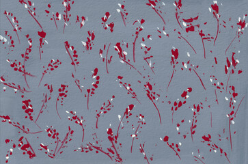 Abstract red-gray background gouache painting. Repeating floral ornament of flowers on a gray monochrome background. Floral decorative handmade. Layout for the author's design. Contemporary art.