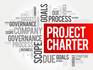 Project Charter - statement of the scope, objectives, and participants in a project, word cloud text concept for presentations and reports
