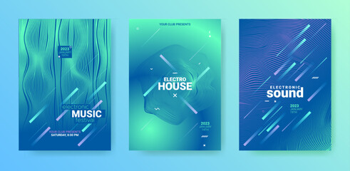 Futuristic Edm Poster. Techno Music Dance Cover. Electronic Sound Illustration. Vector Dj Background. Edm Party Flyer Set. Geometric Festival Banner. Gradient Distort Lines. Abstract Edm Poster.