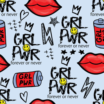 Girls seamless pattern with calligraphic slogan, hearts, words  . background for texylie, graphic tees, kids wear. Wallpaper for teenager girls. Fashion style