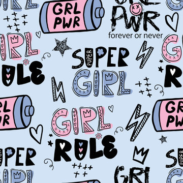Girls seamless pattern with calligraphic slogan, hearts, words  . background for texylie, graphic tees, kids wear. Wallpaper for teenager girls. Fashion style