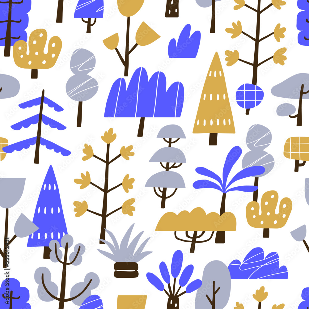Poster doodle naive trees, seamless pattern. endless woods background with forest plants in abstract primit
