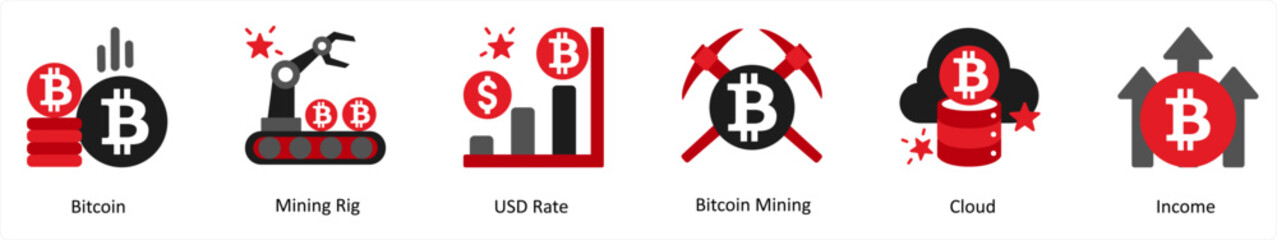 Six business icons in red and black as bitcoin, mining rig, usd rate