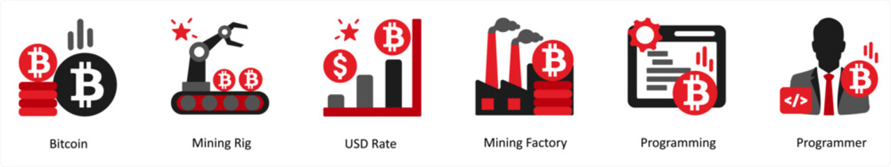 Six business icons in red and black as bitcoin, mining rig, usd rate