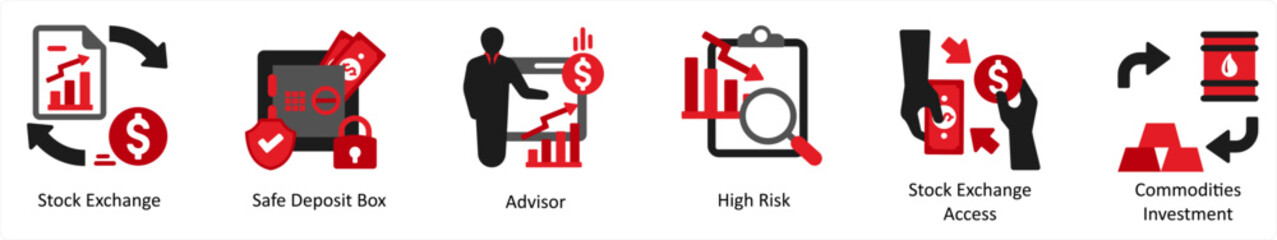 Six business icons in red and black as stock exchange, safe deposit box, advisor