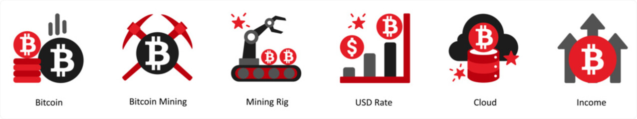 Six business icons in red and black as bitcoin, bitcoin mining, mining rig