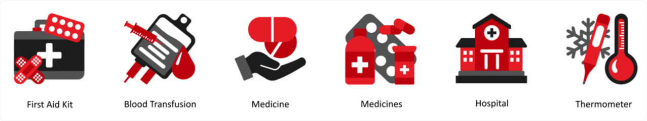 Six medical icons in red and black as first aid kit, blood transfusion, medicine