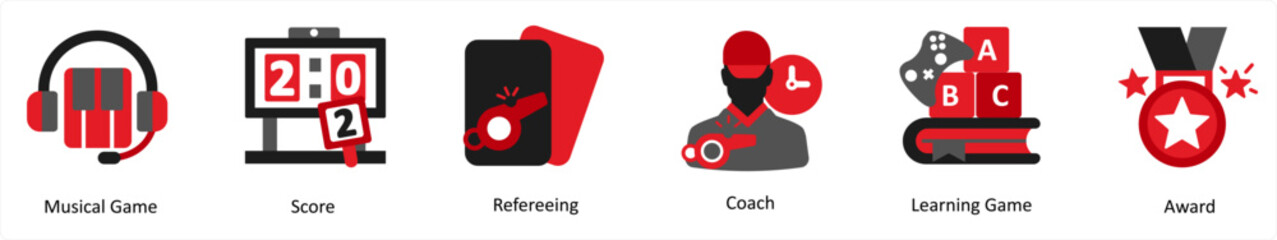 Six game icons in red and black as musical game, score, refereeing
