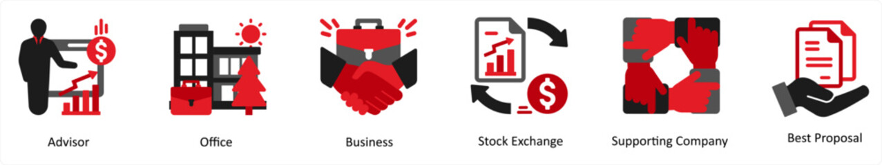 Six business icons in red and black as advisor, office, business