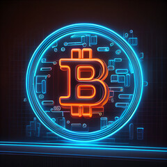 Bitcoin digital cryptocurrency, stylized neon crypto coin, generative ai