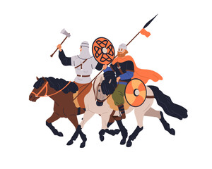 Scandinavian warriors riding horses. Armored Vikings, ancient historical mounted soldiers, horseback riders with axe, lance, spear, shield. Flat vector illustration isolated on white background