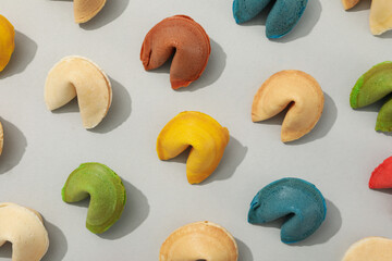 Chinese fortune cookies with prediction words, top view