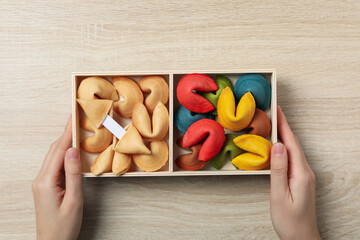 Chinese fortune cookies with prediction words, top view