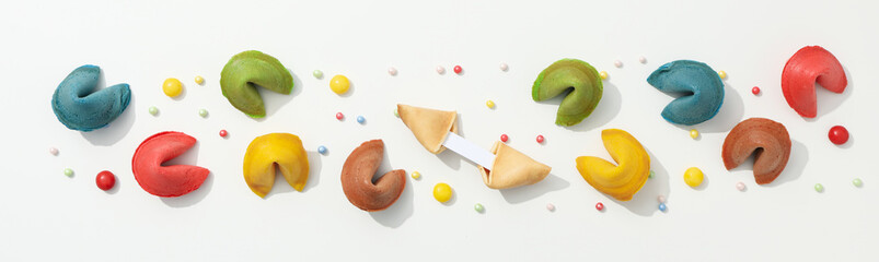 Chinese fortune cookies with prediction words, top view