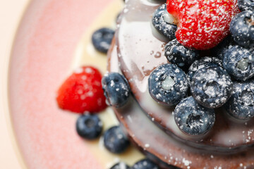 Concept of sweet food, chocolate pancakes, close up