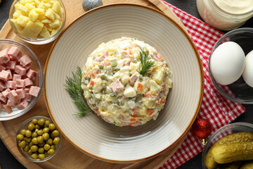 Concept of New year food, Olivier salad, top view