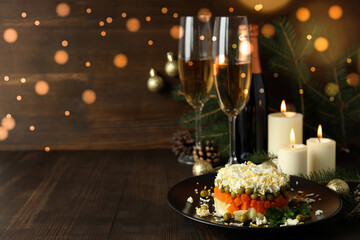 Concept of New year food, tasty Olivier salad