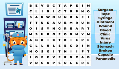 Medical word search game for kids with cute tiger doctor character in hospital, funny puzzle for printable worksheets in cartoon style