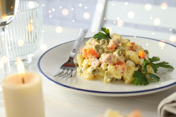Concept of New year food, tasty Olivier salad