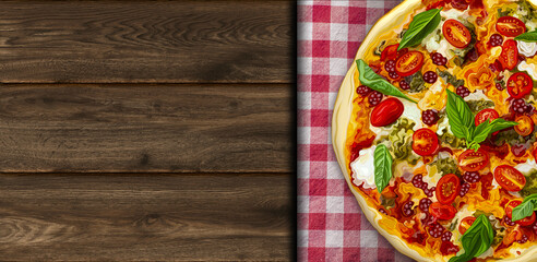 Pizza Pepperoni on a wooden table. Still life with ingredients. Top view. Copy space.