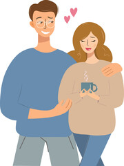Fototapeta premium Stylish beautiful love couple drinking tea or coffee and walking. Man and woman spend time together. Isolated cartoon vector illustration. flat style.