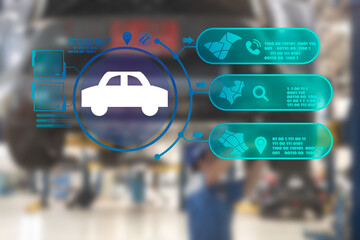 The concept of technology searching a garage for repair. The screen of HUD searches the garage for...