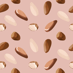 Almond nuts hand drawn seamless pattern. Almond chokolate, milk packaging, cover. Plant based dairy free, organic, natural product. Vector illustration for wallpaper, fabric, textile.