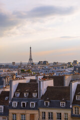 City day view of Parisian rooftops and wrought-iron Eiffel Tower. Famous landmark, cultural icon, and tourist attraction in Paris, France. Vertical background, copy space. Romantic travel destination.
