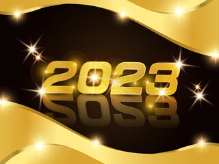 Happy new 2023 year gold text with wave and light. Minimalistic text template.