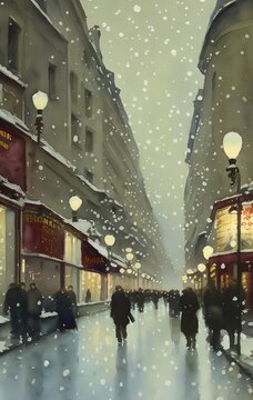 Generative AI watercolor painting of a snowy paris street at Christmas, winter windows, signs and lights, shopping illustration painting postcard