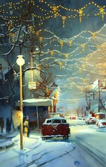 Generative AI watercolor painting of a snowy town street at Christmas, winter trees and lights, illustration painting postcard