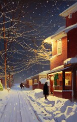 Generative AI oil painting of a snowy town street at Christmas, winter trees and lights, illustration painting postcard