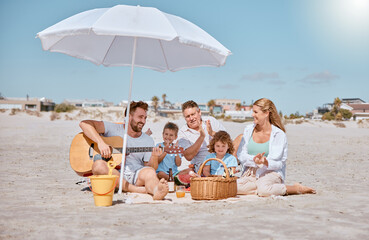 Beach, picnic or happy family love guitar music while bonding or relaxing on summer holiday...