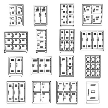 Locker Doodle vector icon set. Drawing sketch illustration hand drawn line eps10