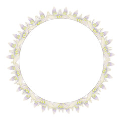 Watercolor hand drawn circle wreath with spring flowers, daffodils, crocus, snowdrops, leaves. Isolated on white background. Design for invitations, wedding, greeting cards, wallpaper, print, textile.
