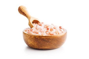 Fototapeta na wymiar Pink himalayan salt in bowl isolated on white background.